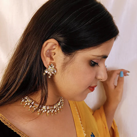 Designer Gold Plated Royal Kundan Beads Necklace with Earrings (D415)