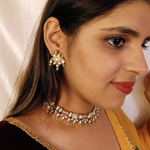 Designer Gold Plated Royal Kundan Beads Necklace with Earrings (D415)