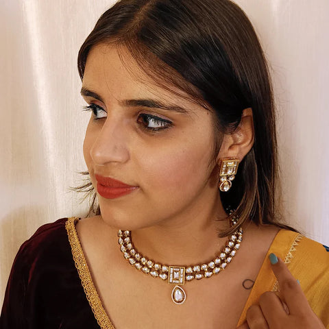 Designer Gold Plated Royal Kundan Necklace with Earrings (D387)