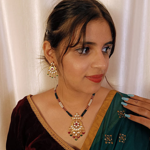 Designer Gold Plated Royal Kundan & Beaded Pendant Set (D423)