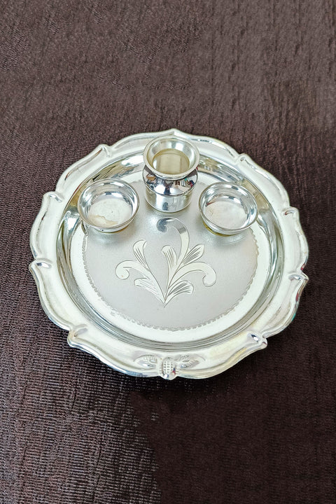 925 Solid Silver Mache Roli Tikka Pooja Thali/Plate (Design 34)