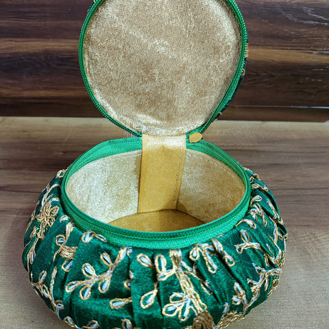 Handmade Golden Embroidery Jewelry & Bangle Box, Handmade Matki, Indian Wedding Gift Box, Pooja Return Gifts