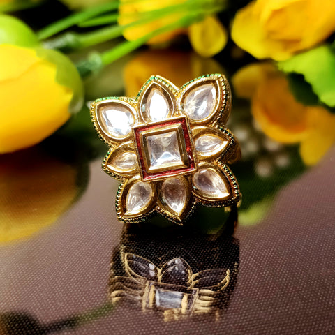 Designer Gold Plated Royal Kundan Beaded Ring (Design 190)
