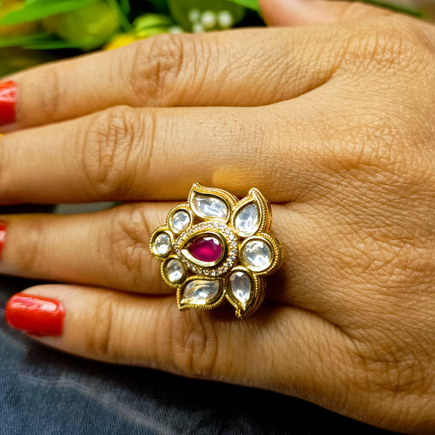 Designer Gold Plated Royal Kundan Beaded Ring (Design 187)