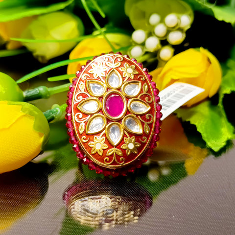 Designer Gold Plated Royal Kundan Ruby Beaded Ring (Design 184)