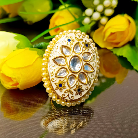 Designer Gold Plated Royal Kundan Beaded Ring (Design 185)