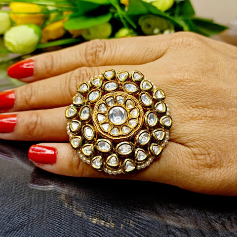 Designer Gold Plated Royal Kundan Ruby Beaded Ring (Design 182)