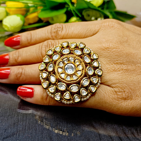 Designer Gold Plated Royal Kundan Beaded Ring (Design 183)