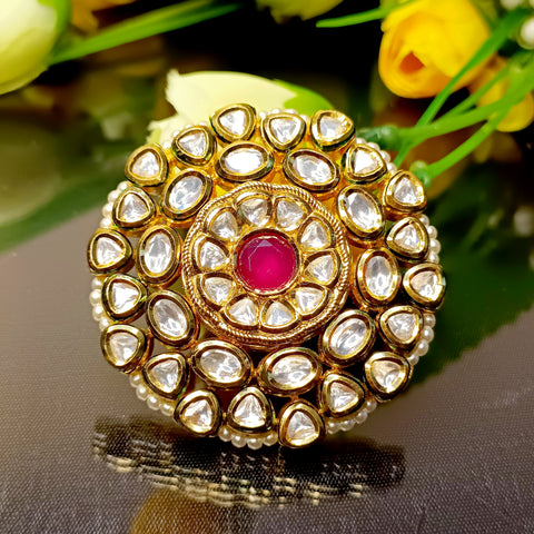 Designer Gold Plated Royal Kundan Ruby Beaded Ring (Design 182)
