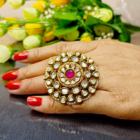 Designer Gold Plated Royal Kundan Ruby Beaded Ring (Design 182)