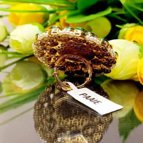 Designer Gold Plated Royal Kundan Ruby Beaded Ring (Design 182)