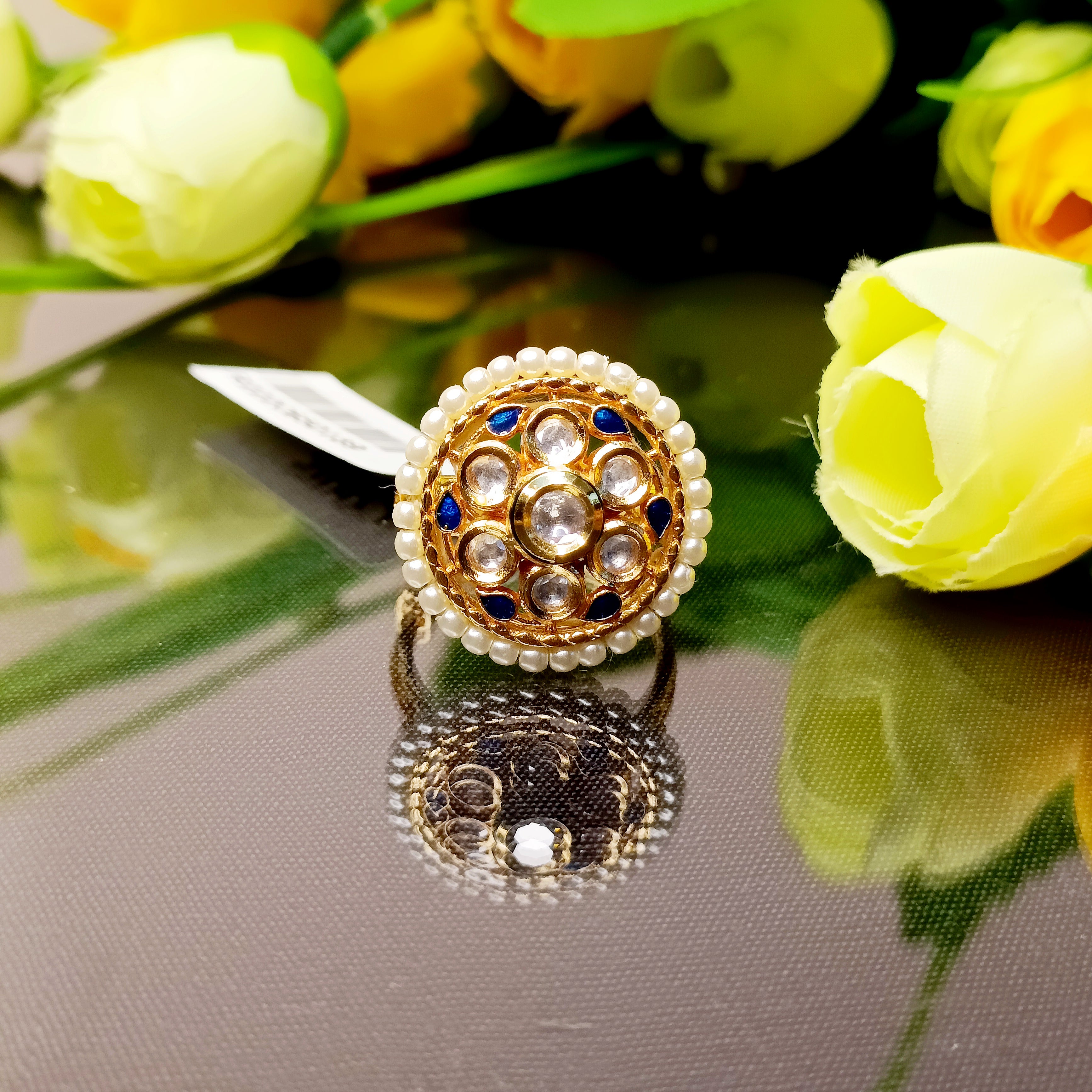 Designer Gold Plated Royal Kundan Blue Beaded Ring for Women– PAAIE