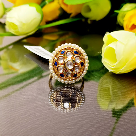 Designer Gold Plated Royal Kundan Beaded Ring (Design 189)