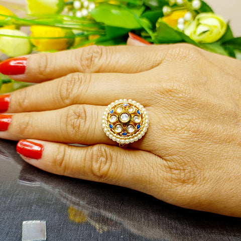 Designer Gold Plated Royal Kundan and Beaded Ring (D251)