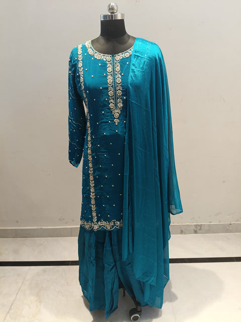 Dark Sky Blue Colour Chinon Silk  Sequins Cutdana Work Embroidery Suit With Garara (D1857)