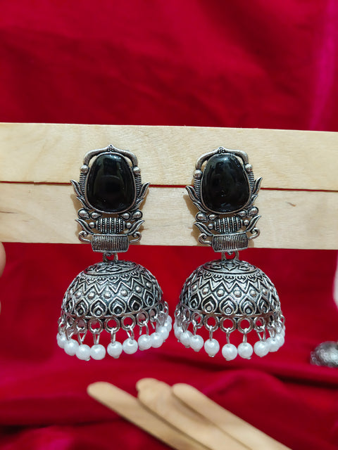 Oxidized Silver Black Stone Traditional Jhumka Earrings with Pearl Drops (E1253)