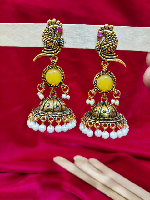 Yellow Golden Oxidized Jhumka Earring for Girls Women Big Size Brass Jhumki Earring (E1159)