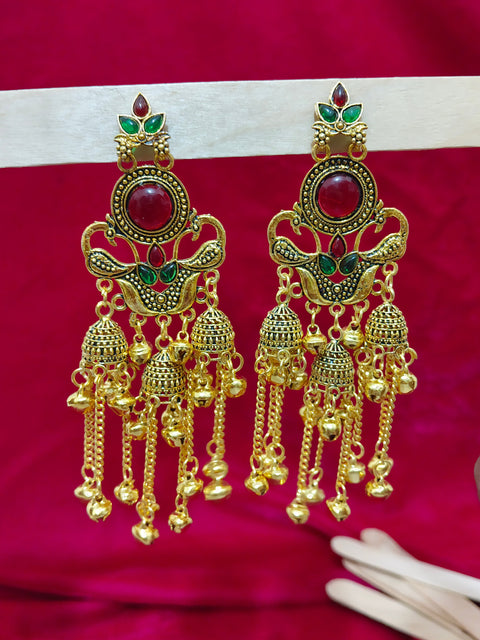 Red & Green Long Kashmiri Drop Earrings - Peacock Design with Ghungroo Detailing (E1150)