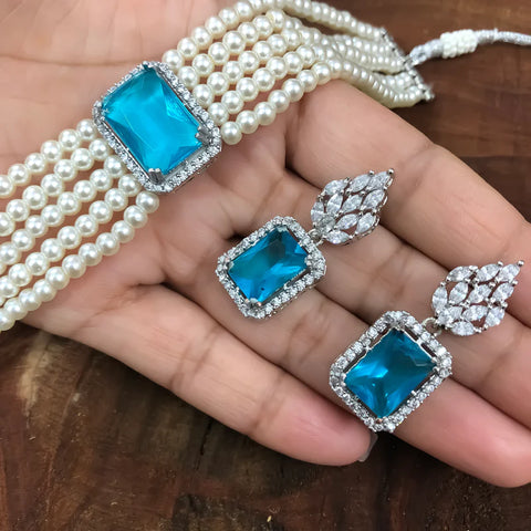 Semi-Precious American Diamond Stone Pearl Choker Style Necklace with Earrings