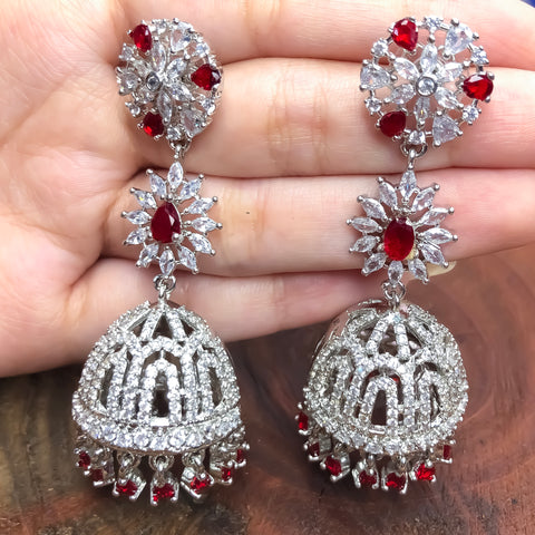 American Diamond Jhumki Style Earrings With Red Color Stone (E750)