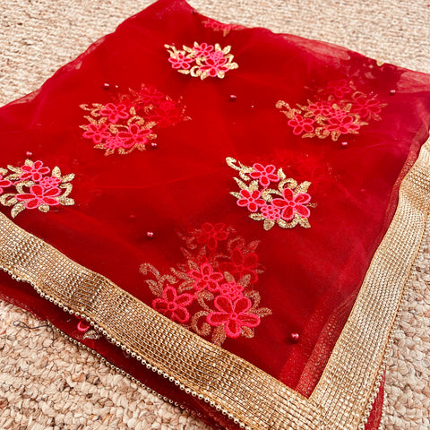 Bridal Red Net Dupatta with Golden Zari and Embroidery (D56)