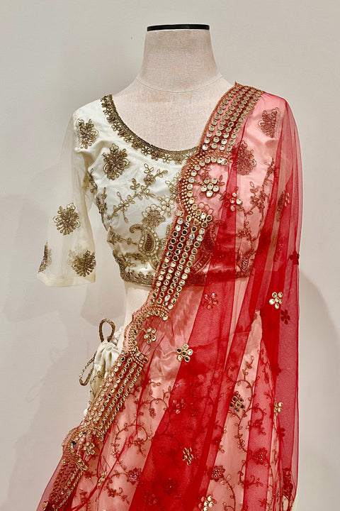 Bridal Red Net Dupatta with Golden Lace and Mirror Work (D63)