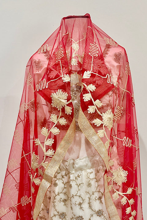 Bridal Red Net Dupatta with Golden Floral Lace and Embroidery (D59)
