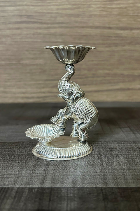 925 Silver Pushpam Jewel Single Elephant Long Diya (Design 70)