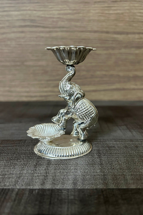 925 Silver Pushpam Jewel Single Elephant Long Diya (Design 70)