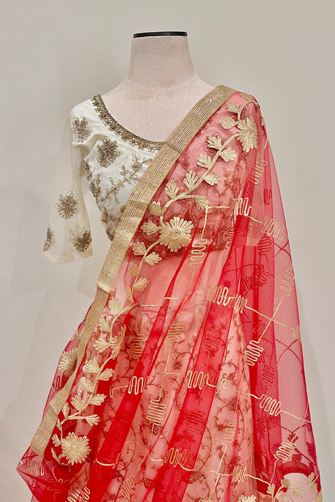 Bridal Red Net Dupatta with Golden Floral Lace and Embroidery (D59)