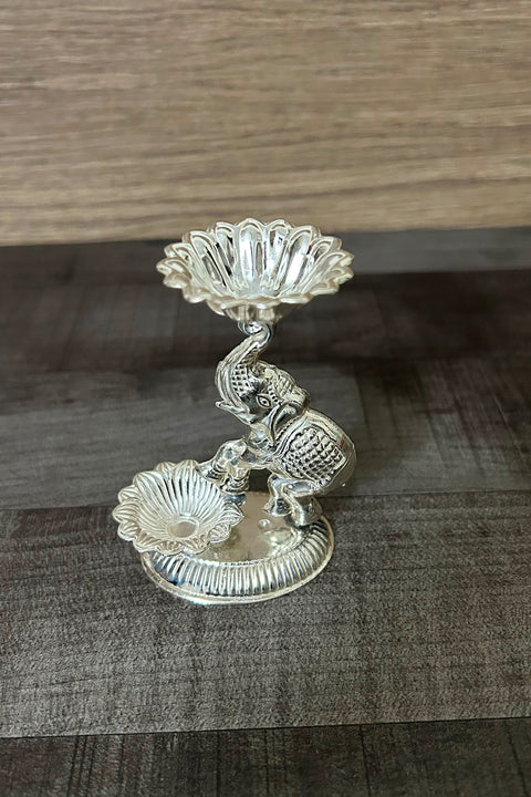 925 Silver Pushpam Jewel Single Elephant Long Diya (Design 70)