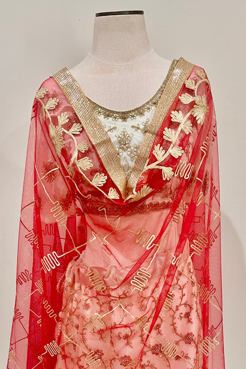 Bridal Red Net Dupatta with Golden Floral Lace and Embroidery (D59)