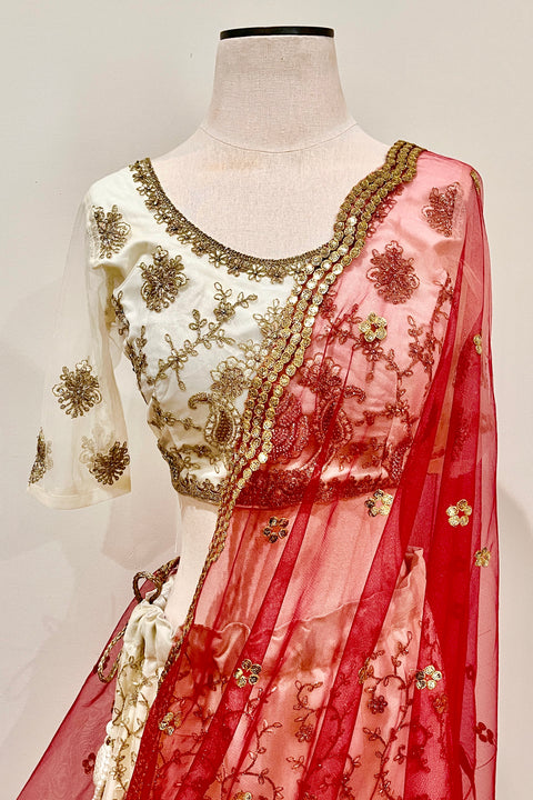 Bridal Red Net Dupatta with Golden Flowers and Jewel (D60)