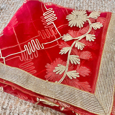 Bridal Red Net Dupatta with Golden Floral Lace and Embroidery (D59)