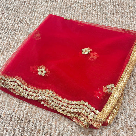 Bridal Red Net Dupatta with Golden Flowers and Jewel (D60)