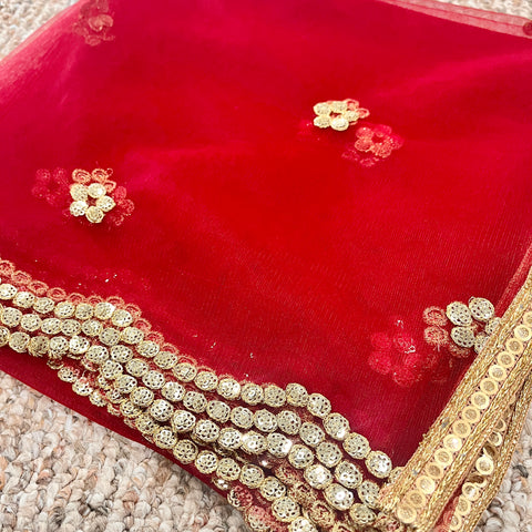 Bridal Red Net Dupatta with Golden Flowers and Jewel (D60)