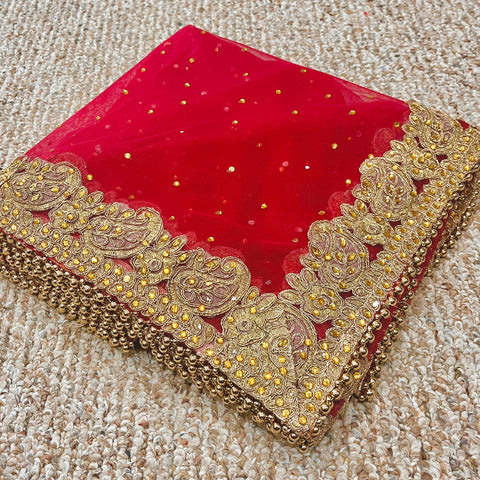 Heavy Bridal Red Net Dupatta with Golden Lace and Embroidery (D64)