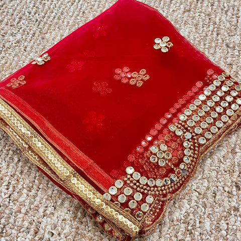 Bridal Red Net Dupatta with Golden Lace and Mirror Work (D63)