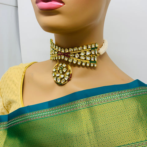 Gold Plated Semi-Precious Ruby & Pearl Choker Kundan Set with Pendant (D958)
