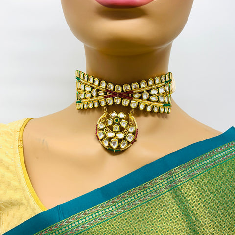 Gold Plated Semi-Precious Ruby & Pearl Choker Kundan Set with Pendant