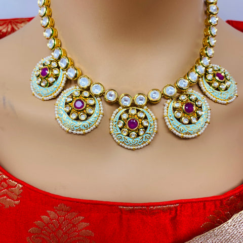 Designer Gold Plated Green Enameled Royal Kundan & Ruby Necklace with Earrings (D338)