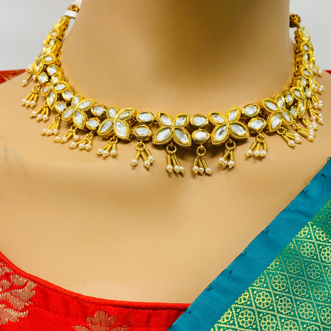 Designer Gold Plated Royal Kundan Necklace with Earrings (D398)