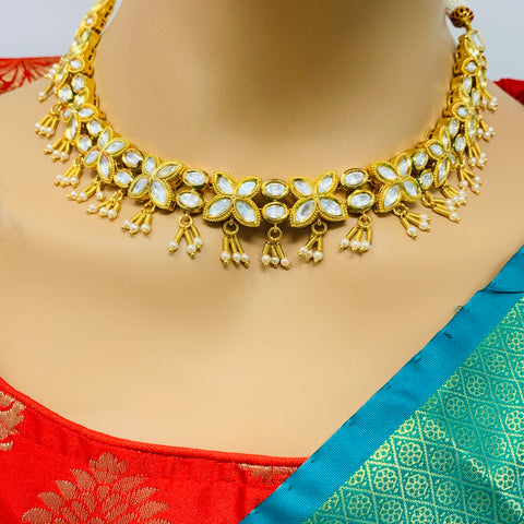 Designer Gold Plated Royal Kundan Necklace with Earrings (D398)
