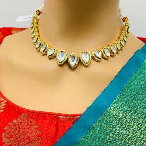 Designer Gold Plated Single Layer Royal Kundan Necklace with Earrings (D307)