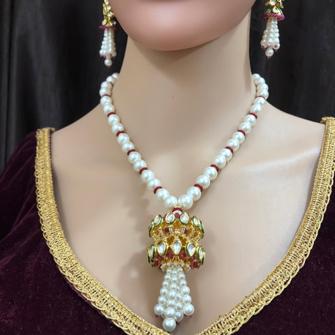 Designer Gold Plated Royal Kundan & Ruby Pendent Set With Pearl (D793)