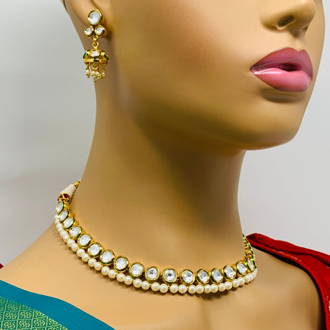 Designer Single Layer White Kundan Necklace with Earrings (D205)