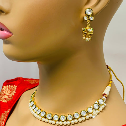 Designer Single Layer White Kundan Necklace with Earrings (D205)