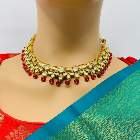 Designer Gold Plated Royal Kundan & Red Beads Necklace with Earrings (D415)