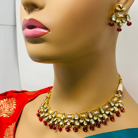 Designer Gold Plated Royal Kundan & Red Beads Necklace with Earrings (D415)