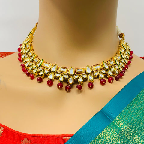 Designer Gold Plated Royal Kundan & Red Beads Necklace with Earrings (D415)